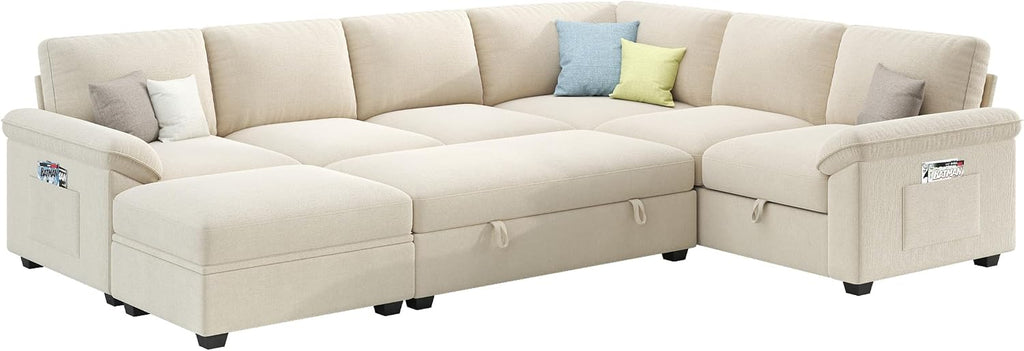 VanAcc 105' Sofa Bed, Sectional Sleeper Sofa with Pull Out Bed/Reclining Backrest, Sleeper Couch Bed with Storage, 6 Seater Couch Bed for Living Room, Chenille Beige