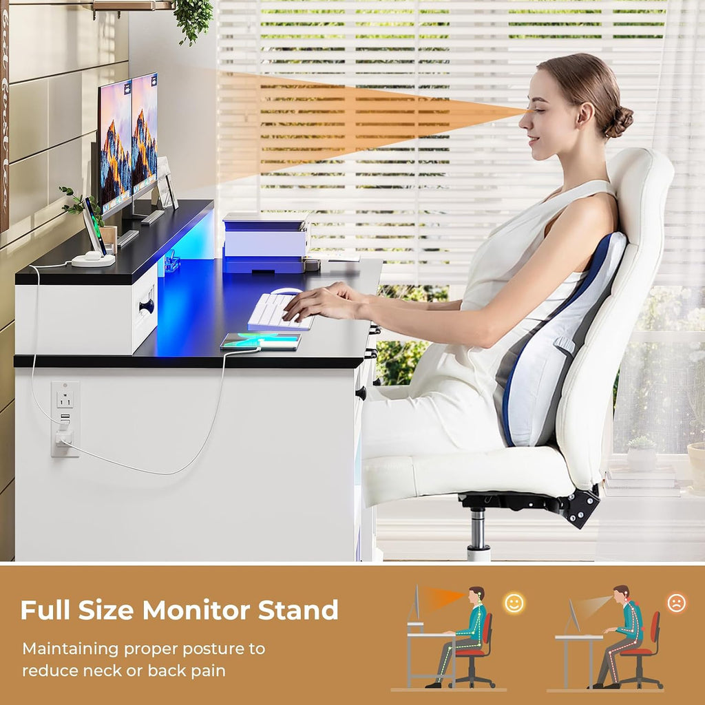 BTHFST Executive Desk with File Drawer, Computer Desk with Monitor Stand, Home Office Desk with Drawers & Storage Cabinet, Writing Desk with Charging Station & LED Lights, White