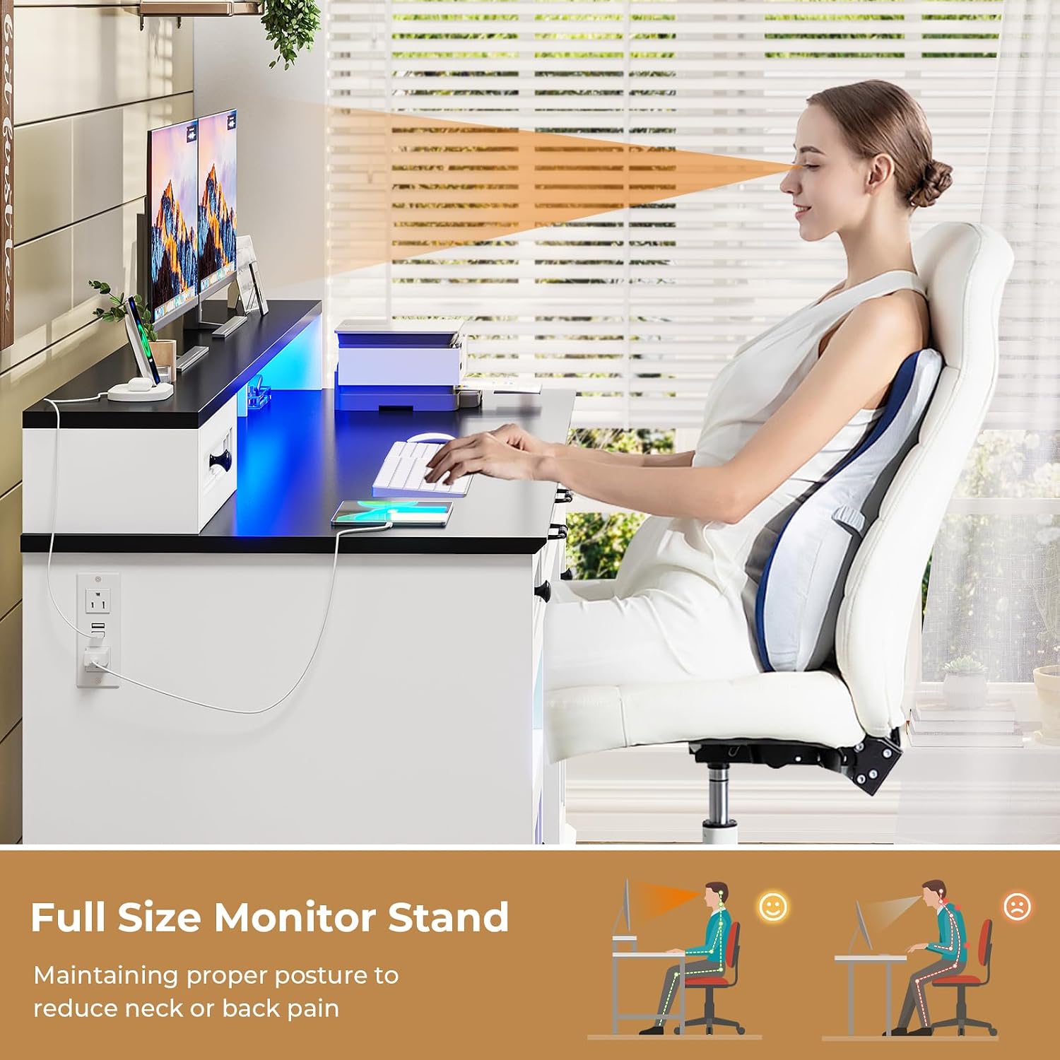 BTHFST Executive Desk with File Drawer, Computer Desk with Monitor Stand, Home Office Desk with Drawers & Storage Cabinet, Writing Desk with Charging Station & LED Lights, White