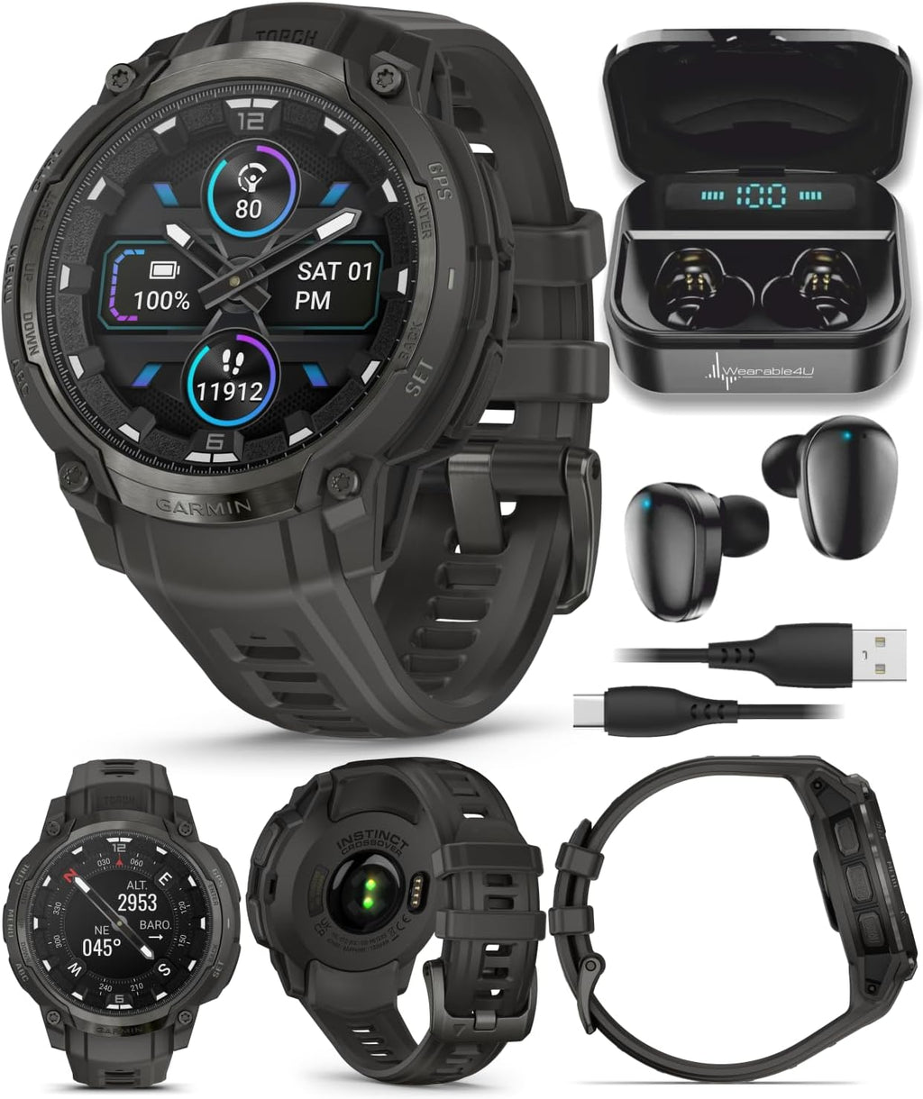 Garmin Instinct Crossover 1.2' AMOLED Sapphire Rugged Hybrid GPS Smartwatch, Analog Hands, Health & Wellness Monitoring, Charcoal Black Earbuds Bundle