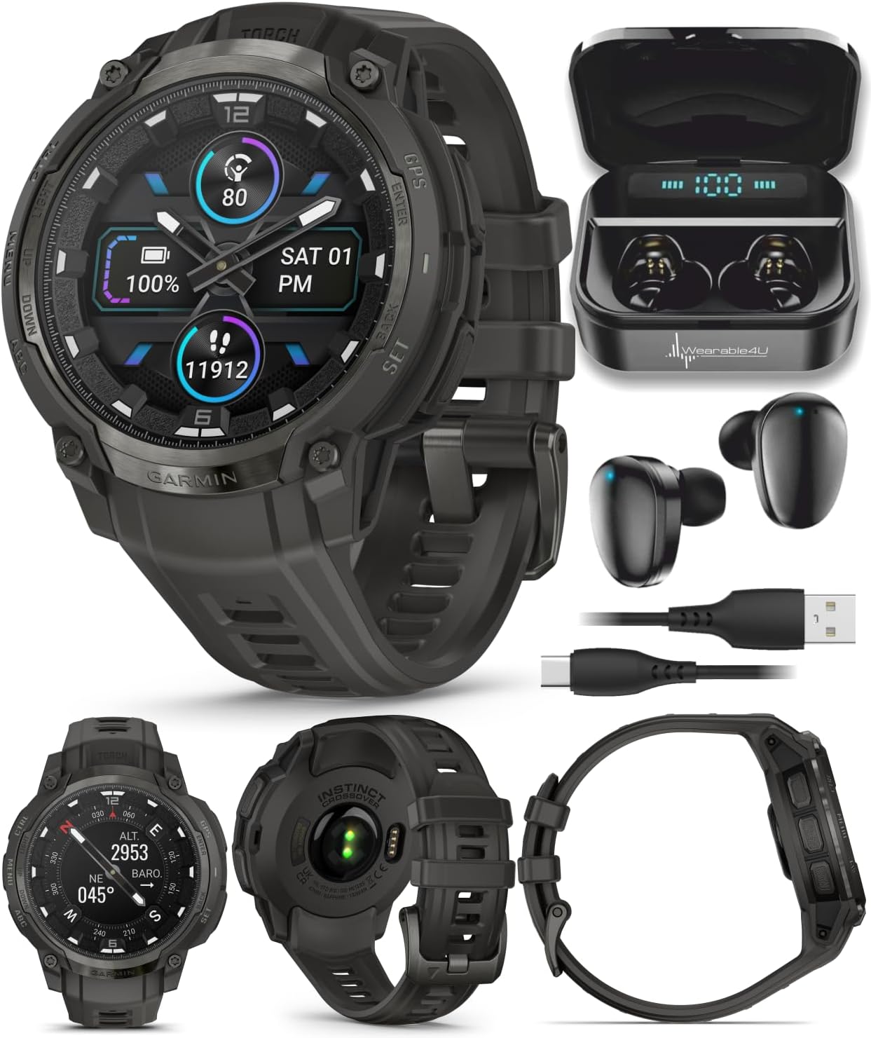 Garmin Instinct Crossover 1.2' AMOLED Sapphire Rugged Hybrid GPS Smartwatch, Analog Hands, Health & Wellness Monitoring, Charcoal Black Earbuds Bundle