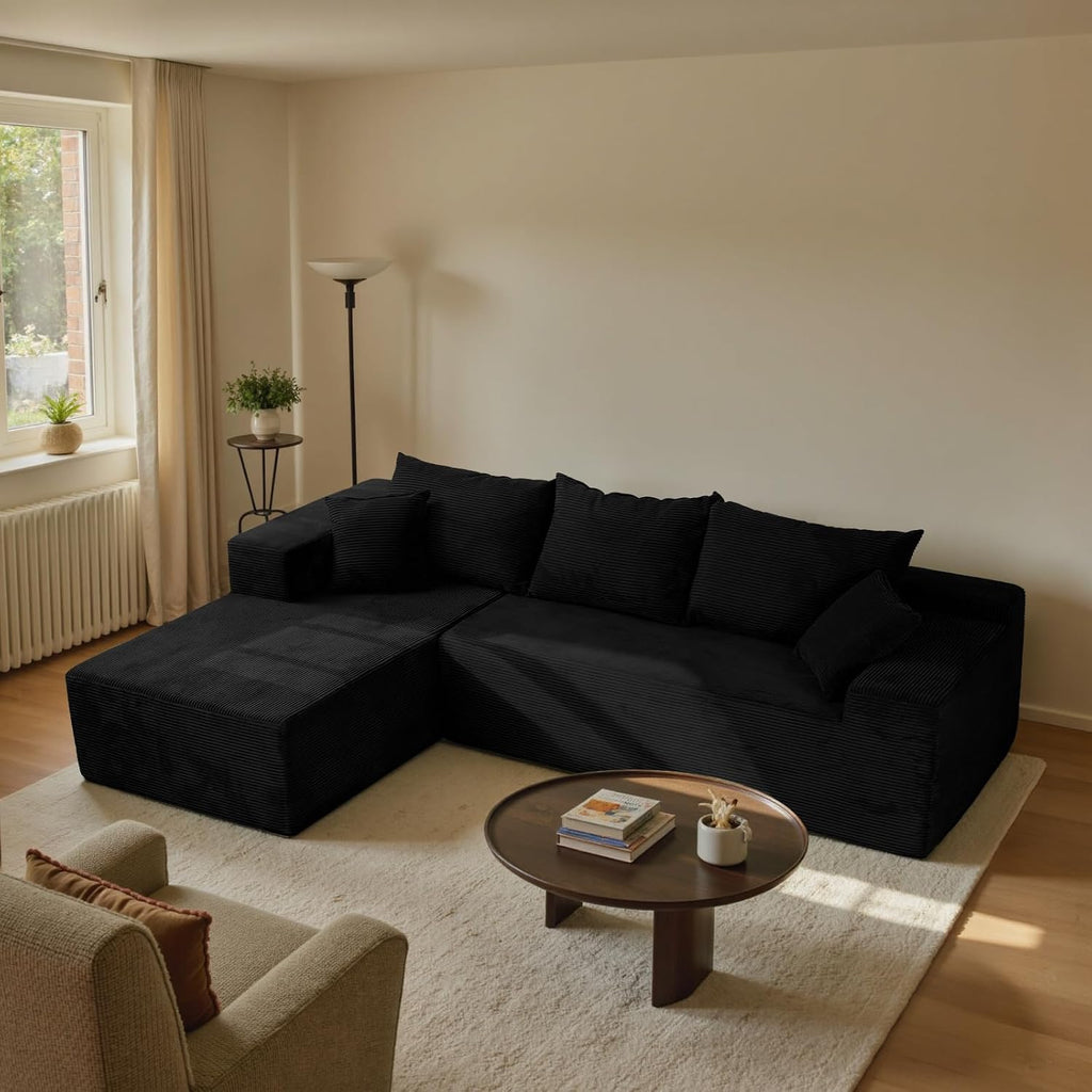 Black Sectional Couches for Living Room, Boneless Couch with L-Shape Chaise, Modular Sofa in Box with Deep Seat, No Assembly Required