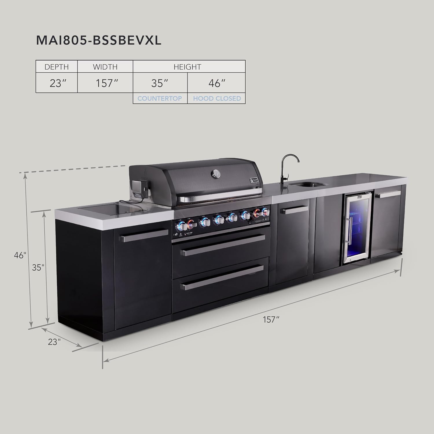 Mont Alpi Premium 157' Black Stainless Steel Outdoor Kitchen Island with Refrigerator + Beverage Center Faucet & Sink + 44'W 6-Burner BBQ Gas Grill + Granite Countertops + Storage Cabinets & Drawers