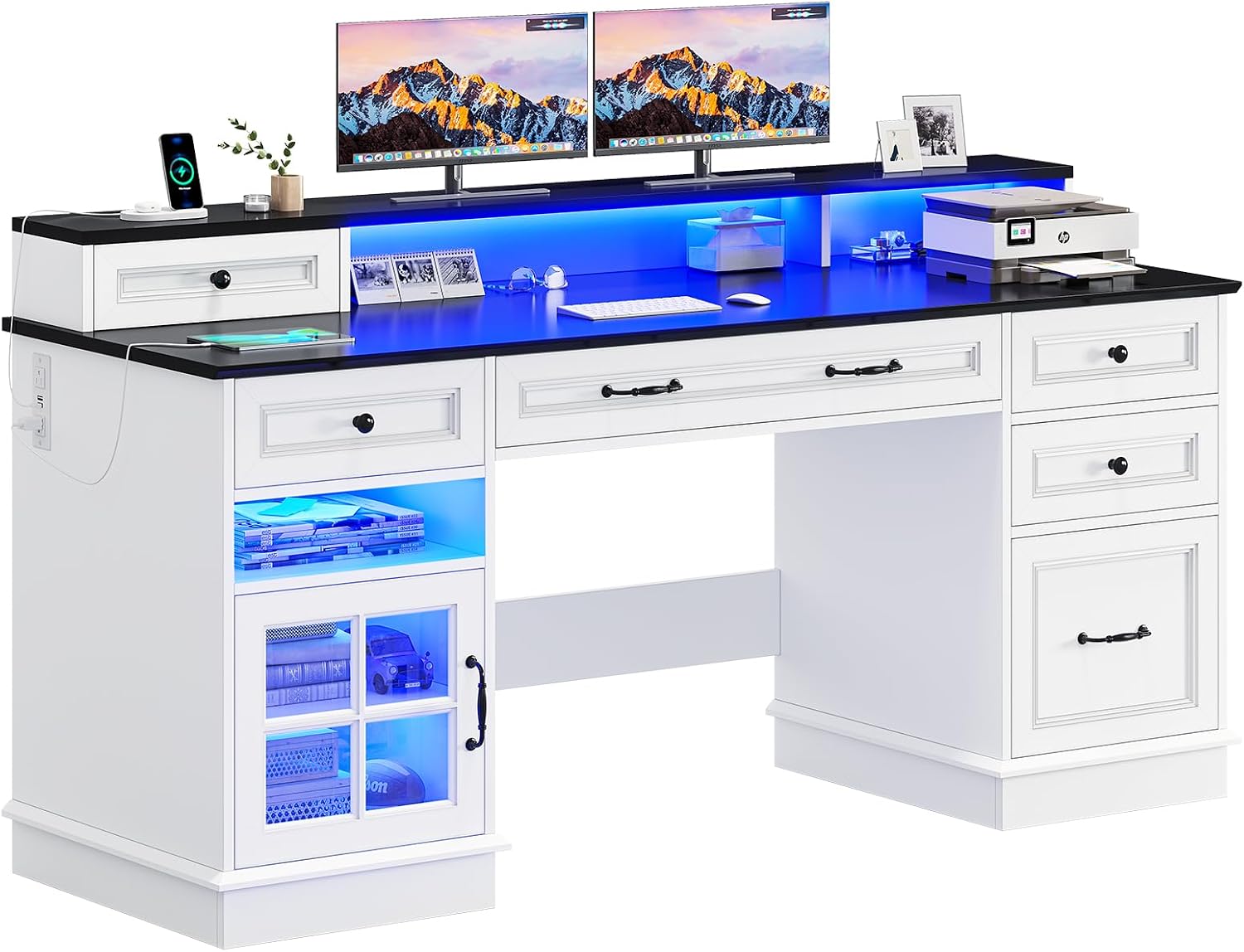BTHFST Executive Desk with File Drawer, Computer Desk with Monitor Stand, Home Office Desk with Drawers & Storage Cabinet, Writing Desk with Charging Station & LED Lights, White