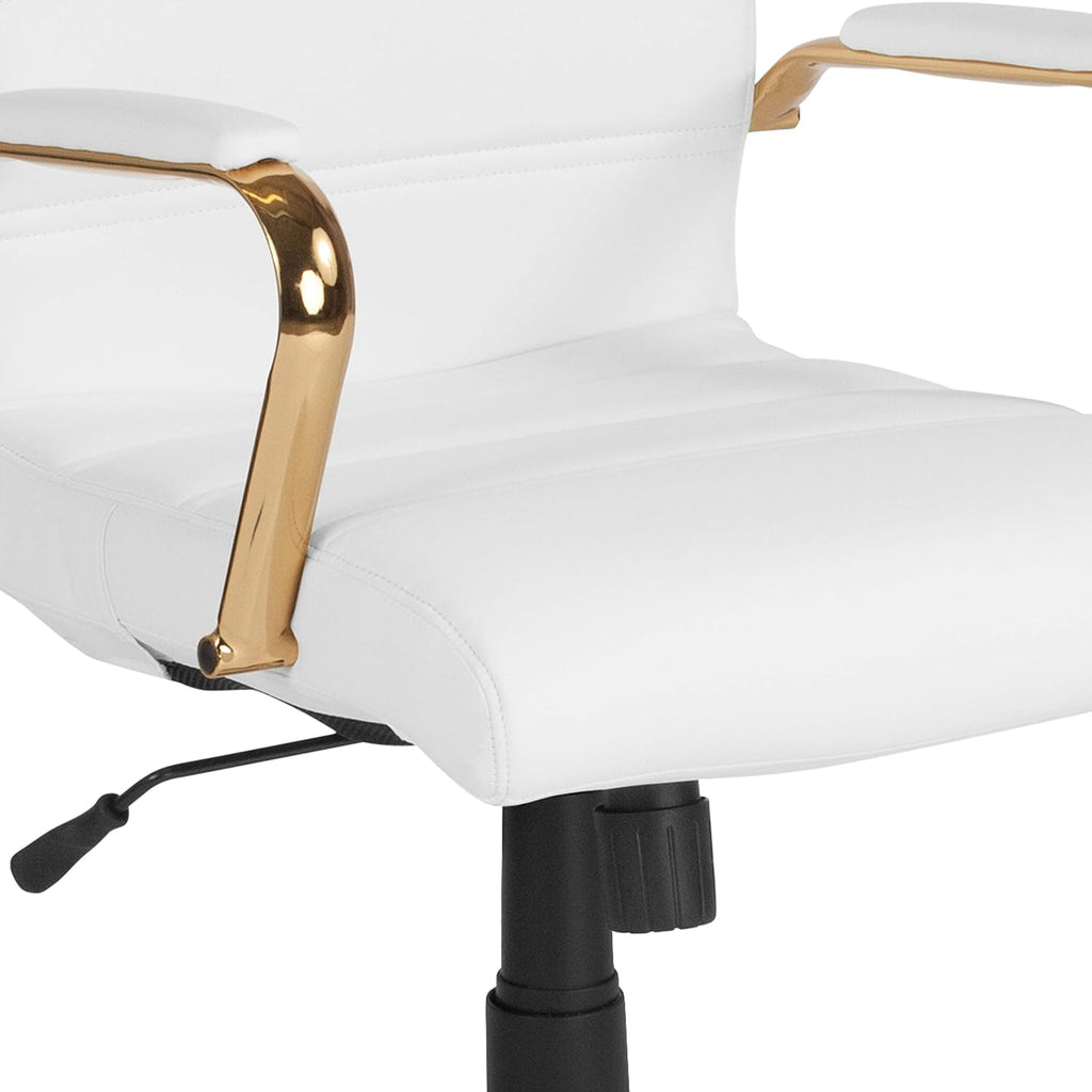 Flash Furniture Whitney Mid-Back Swivel LeatherSoft Desk Chair with Padded Seat and Armrests, Adjustable Height Padded Office Chair, White/Gold