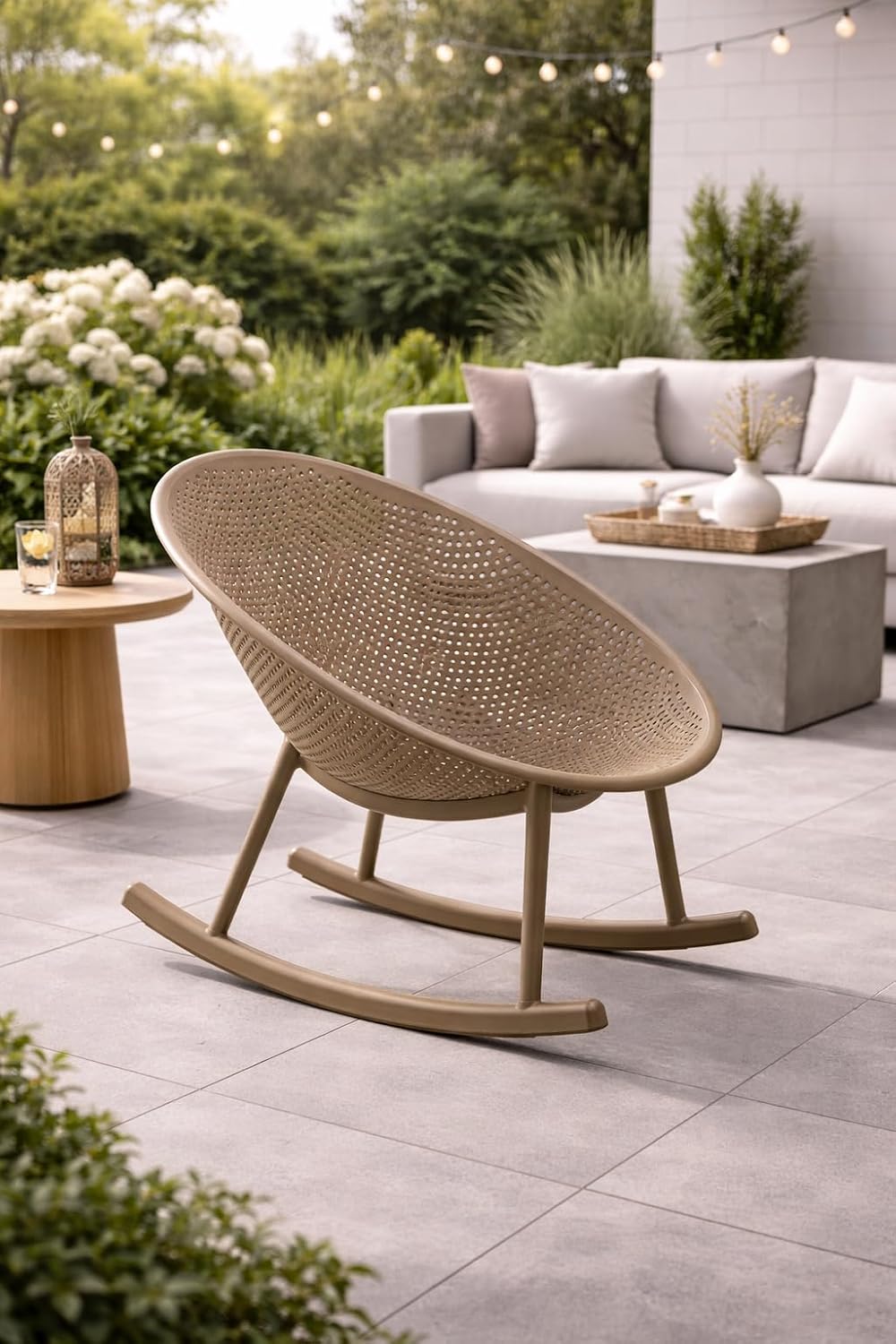 2xhome Patio Rocking Chair | Oval Egg Shaped Lounge Rocker | All Weather Plastic | Modern Accent Side Chair for Indoor or Outdoor Use, Beige, Single, Set of 1