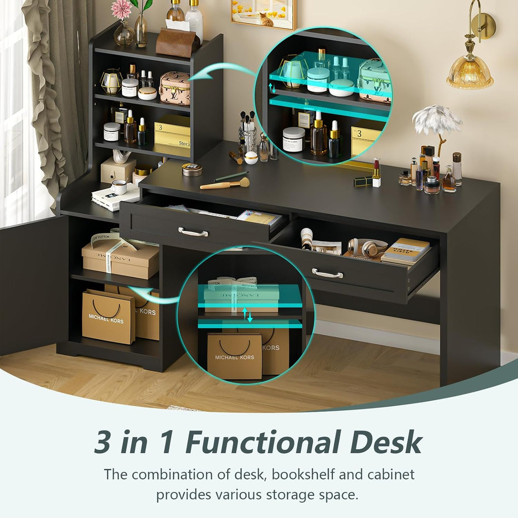 YOMILUVE 60' Computer Desk with 2 Drawer & Bookshelves, Home Office Desk with Storage Cabinet & Spacious Desktop, Writing Gaming Study Table with Bookcase, Black