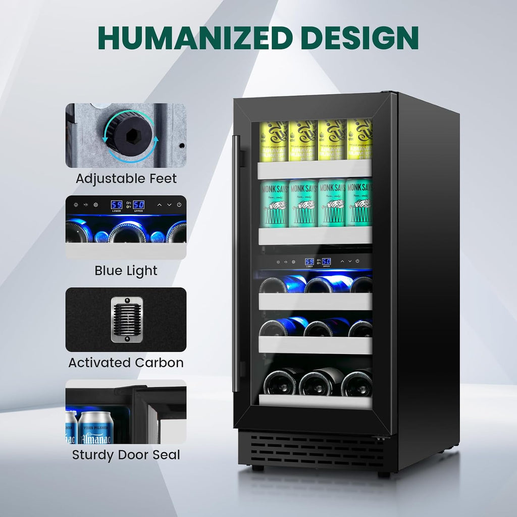 15 Inch Wine and Beverage Refrigerator,13 Bottle & 48 Cans Black Dual Zone Beverage Refrigerator,Under Counter Beverage Fridge with Glass Door,Control Panel for Wine Soda,Beer-Kitchen Home