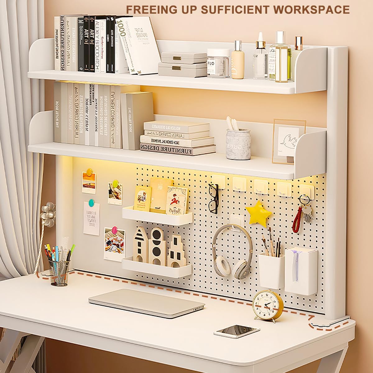 Clamp on Desk Shelf with Pegboard, Desktop Organization Bookshelf Storage Shelves for Home Office Dorm Gaming Desk, Space Saving Tabletop Display Rack
