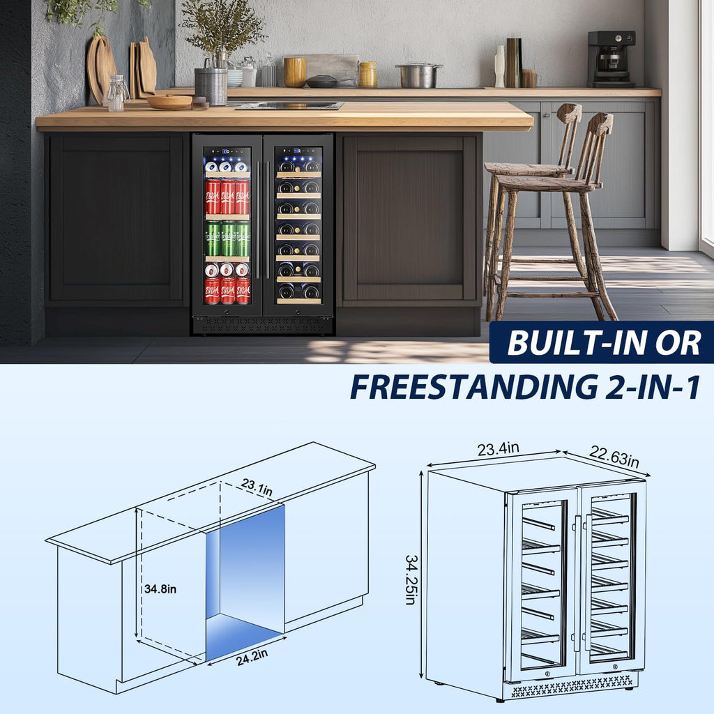 Tylza 24 Inch Wine and Beverage Refrigerator, Dual Zone Wine Beverage Cooler 24' with French Door, Under Counter Wine Beer Fridge Built-In or Freestanding, Holds 20 Bottles and 88 Cans, Black