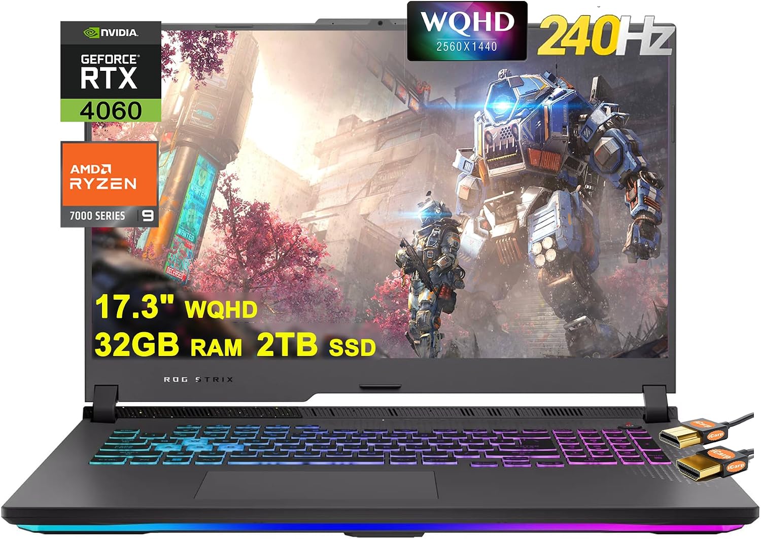 ASUS ROG Strix G17 G713 Gaming Laptop 17.3' WQHD IPS 240Hz AMD 12-Core Ryzen 9 7845HX (Beat i9-12900H) 32GB DDR5 2TB SSD GeForce RTX 4060 8GB Type-C RGB Backlit Fast Charging Win11 Black + HDMI Cable