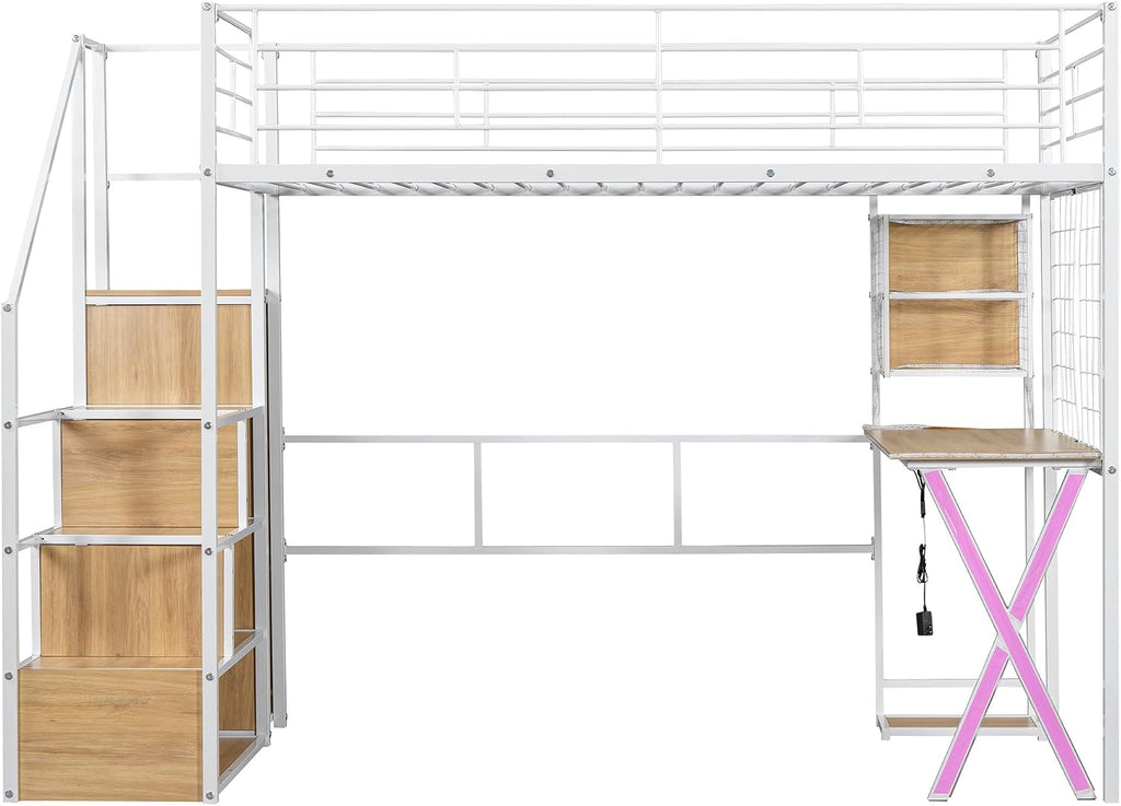 Metal Twin Size Loft Bed with Desk and Stairs,Heavy Duty Loft Bed Frame with Wardrobe and LED Lights,Loft Bed Twin Size with Storage Shelves for Kids,Teens,Adults,Space Saving,White