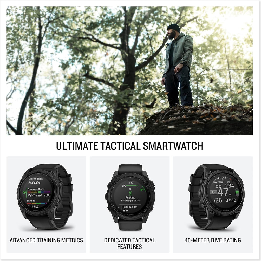 Garmin tactix 8 Solar (51mm) Premium Tactical GPS Smartwatch Bundle - Includes Applied Ballistics Ultralight Solver, Built-in LED Flashlight with PlayBetter Portable Charger & HD Screen Protectors