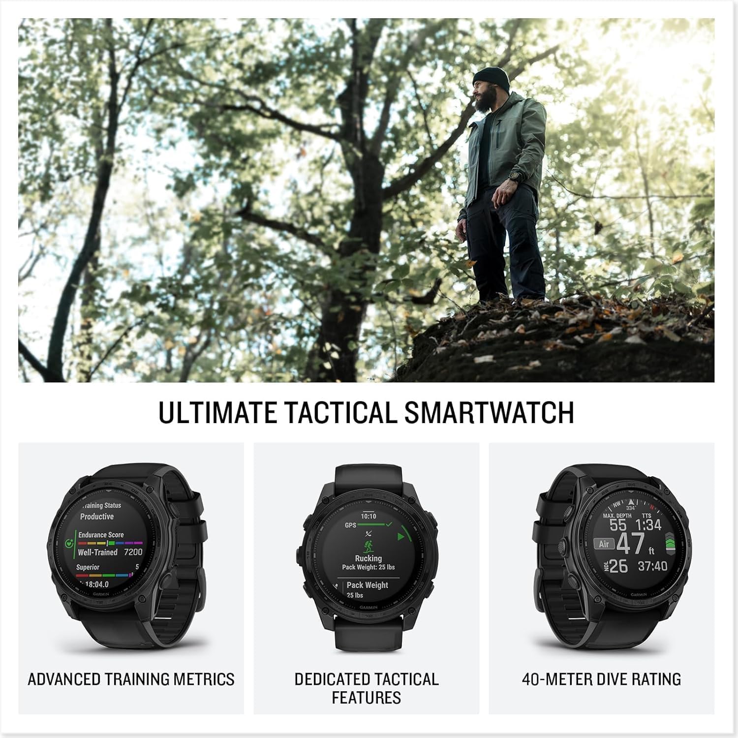 Garmin tactix 8 Solar (51mm) Premium Tactical GPS Smartwatch Bundle - Includes Applied Ballistics Ultralight Solver, Built-in LED Flashlight with PlayBetter Portable Charger & HD Screen Protectors