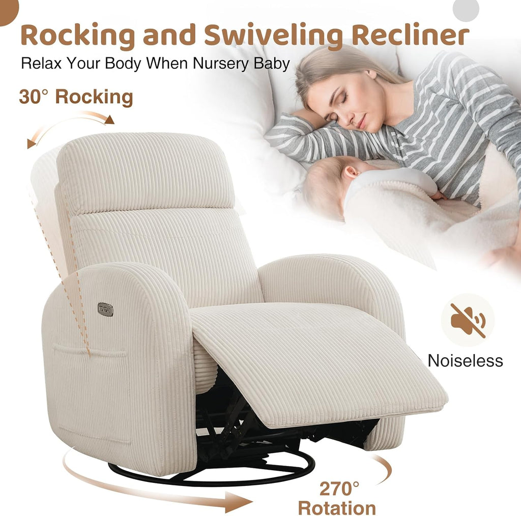 Power Nursery Glider Recliner, Swivel Glider Recliner with USB & Type-C Port, Swivel Reclining Nursery Rocker with Double Pockets for Living Room, White,Corduroy