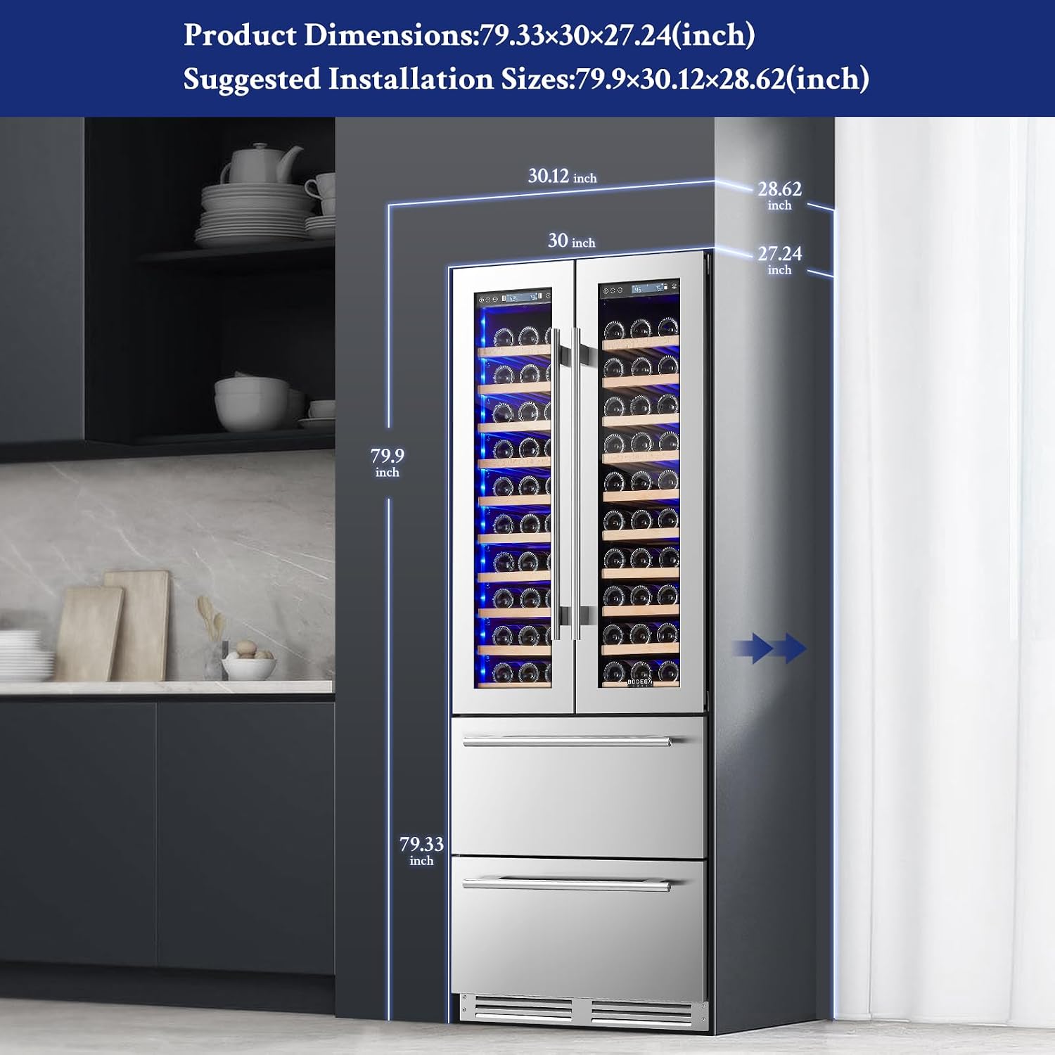 BODEGA BODEGACOOLER Wine and Beverage Refrigerator, 30 Inch 2 IN 1 Dual Zone Wine Cooler,Built-in or Freestanding Beverage Cooler, Soft LED Light Hold 120 Bottles and 234 Cans