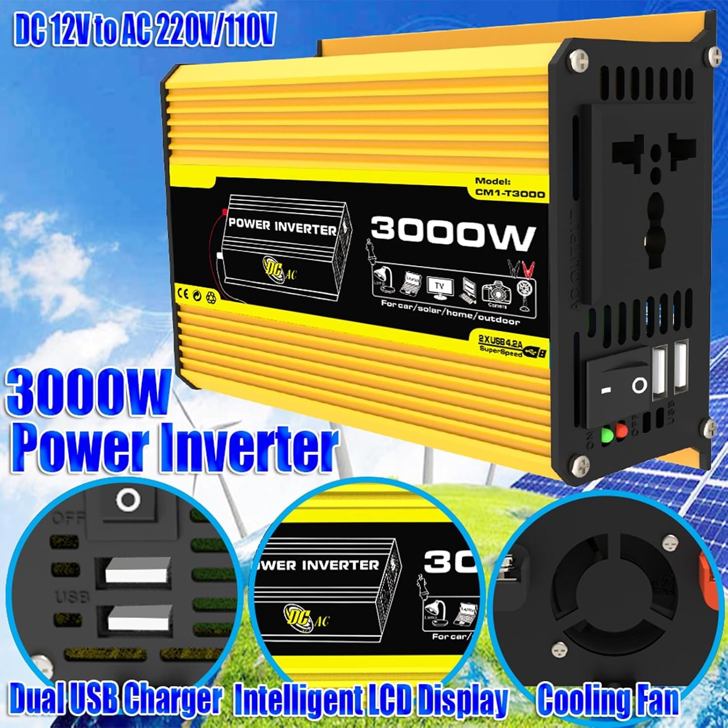 3000W Solar Power System Kit with 75W Folding Solar Panel, 12V to 220V Inverter, 50A Controller, Portable Solar Generator for Home and Outdoor Use (Yellow)