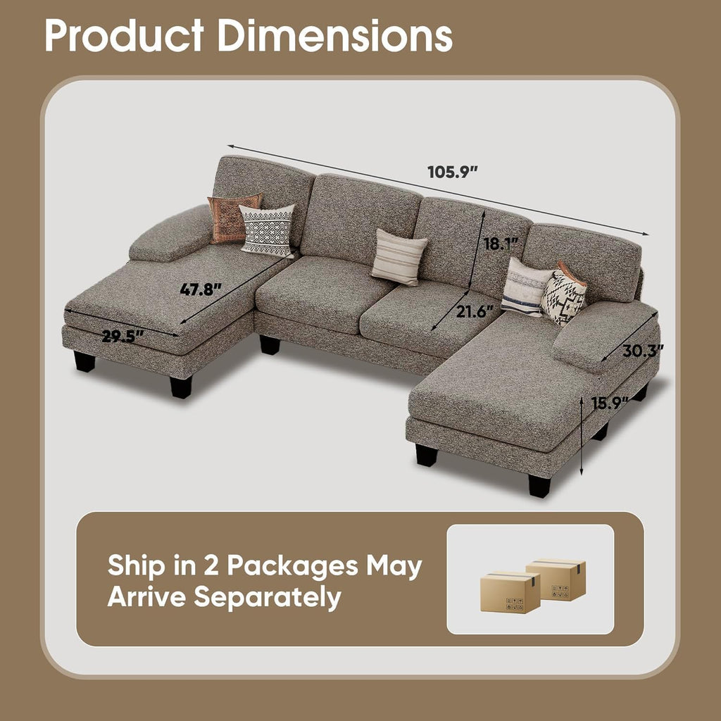 Furmax Sectional Couches for Living Room, U-Shaped Sofa Couch with Linen Fabric, 4 Seat Sofa Set with Double Chaise for Apartment (Loop Yarn, Pearl Gray)