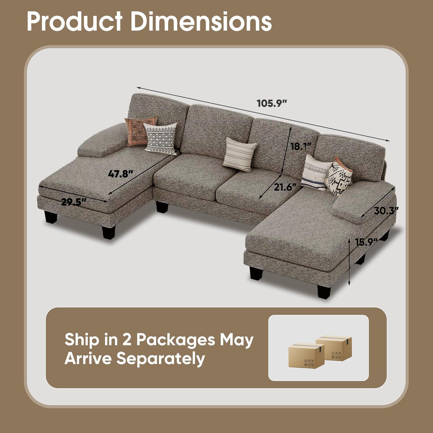 Furmax Sectional Couches for Living Room, U-Shaped Sofa Couch with Linen Fabric, 4 Seat Sofa Set with Double Chaise for Apartment (Loop Yarn, Pearl Gray)