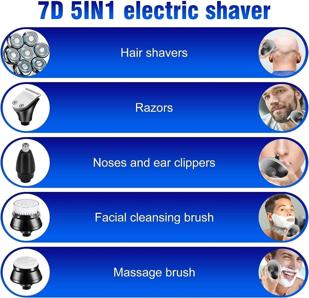 Electric Shavers for Bald Men, Men Electric Shaver Bald Head 5 in 1 Beard Trimmer Razor Nose Hair Clipper Waterproof Nose Trimmer Professional Shaver Machine