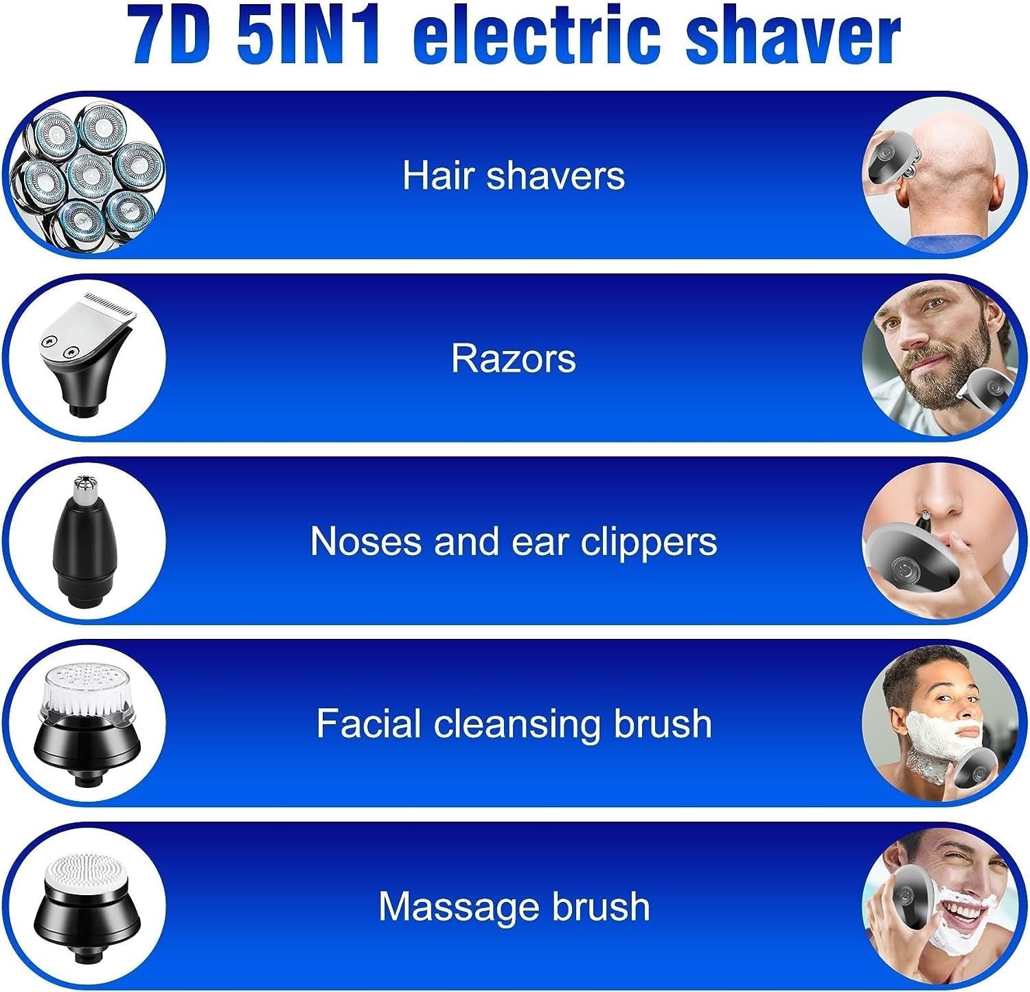 Electric Shavers for Bald Men, Men Electric Shaver Bald Head 5 in 1 Beard Trimmer Razor Nose Hair Clipper Waterproof Nose Trimmer Professional Shaver Machine