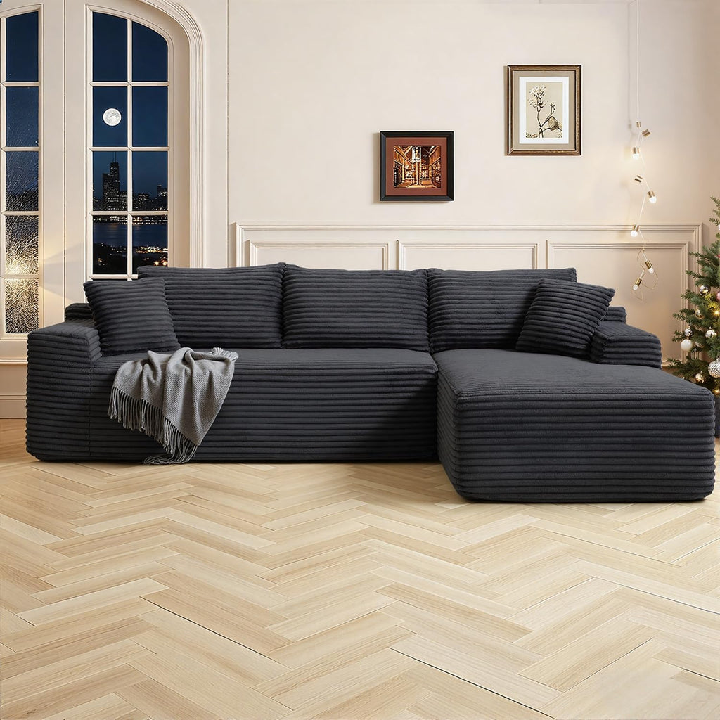 108' Cloud Sectional Couch,Modern Modular Sectional Sofa with Deep Seat,Corduroy Boneless Couches with L-Shape Chaise for Living Room,No Assembly Required (Black, Right Facing Chaise)