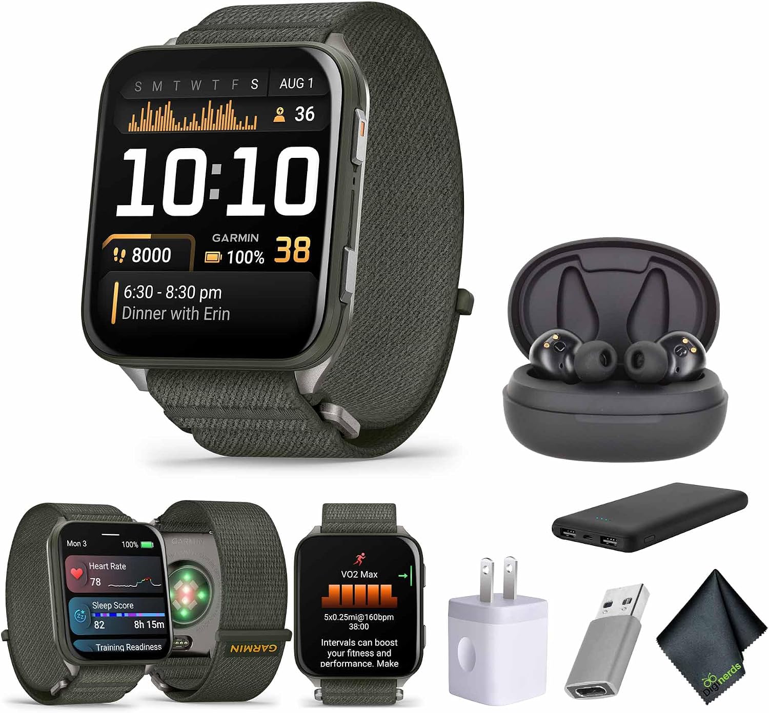 Garmin Venu X1, Thin and Lightweight GPS Smartwatch, 2 inch AMOLED Display, Advanced Health and Fitness Features, Moss with Titanium Caseback Bundle with Accessories