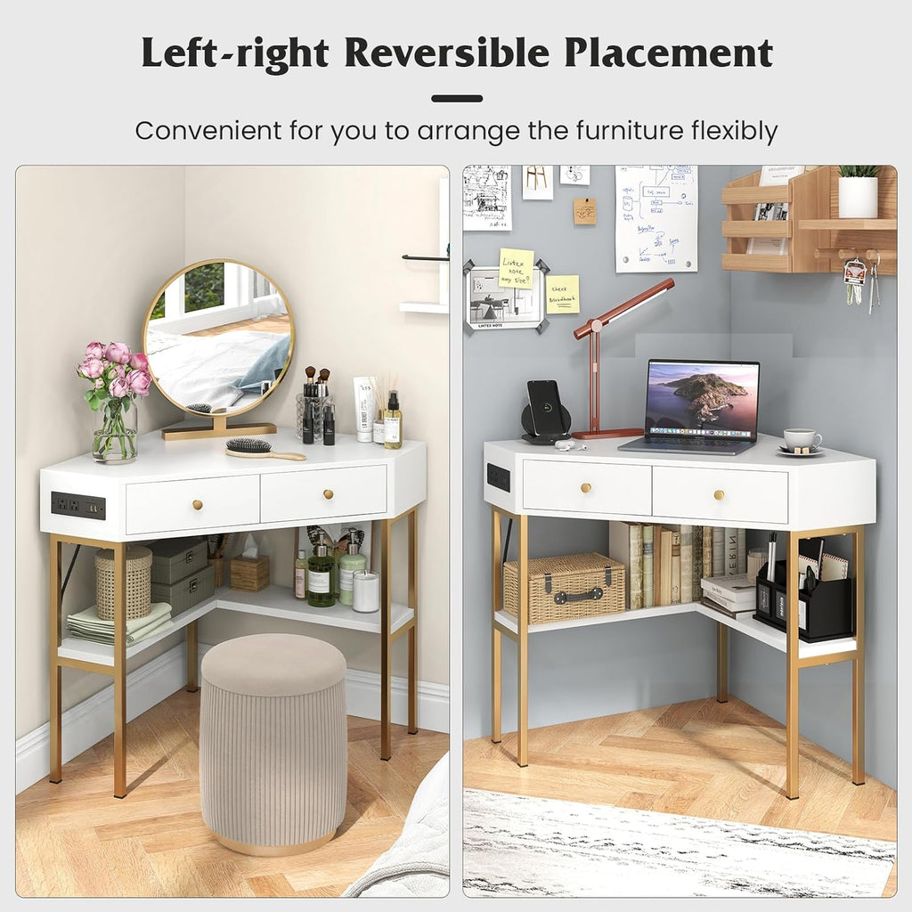 Tangkula White Corner Desk with 2 Drawers & Built-in Charging Station, 90 Degrees Triangle Computer Desk for Small Space, Bedroom Makeup Vanity Desk with Shelves, Corner Writing Desk