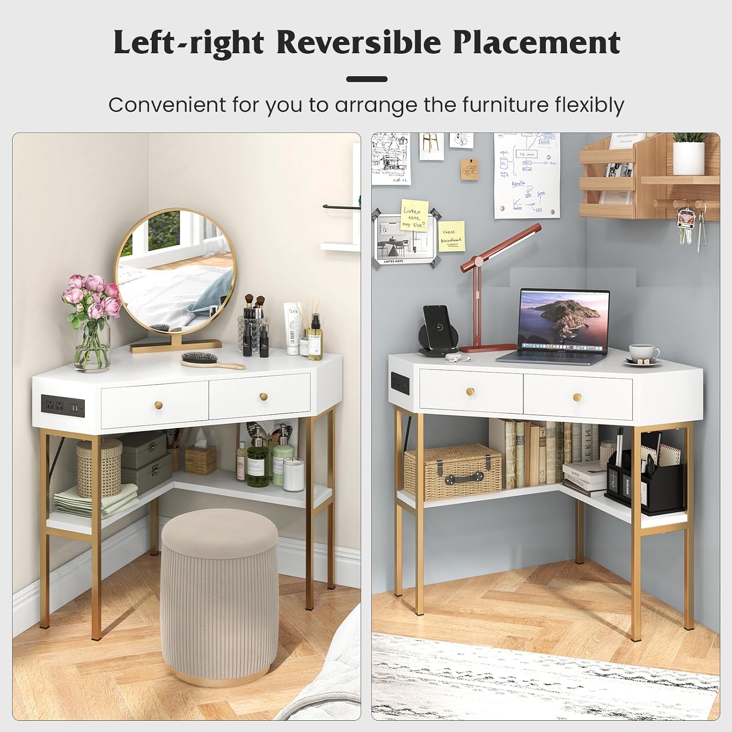 Tangkula White Corner Desk with 2 Drawers & Built-in Charging Station, 90 Degrees Triangle Computer Desk for Small Space, Bedroom Makeup Vanity Desk with Shelves, Corner Writing Desk