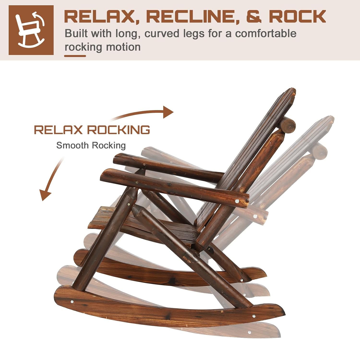 HOMEDIARY Wooden Adirondack Rocking Chair, Patio Log Rocker Outdoor Lounge Chair with Slatted Wooden Design, High Fanned Back & Classic Rustic Style for Garden Patio Backyard Porch, Carbonized
