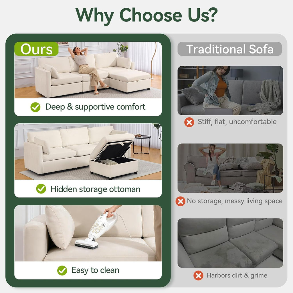 Vogue Furniture Direct 109'' Modular Sectional Sofa, L Shaped Couch with Storage Ottoman, Comfy Cloud Sofa with Deep Seat, 4 Seat Convertible Sectional Couches for Living Room (Beige, Low Legs 1.97')