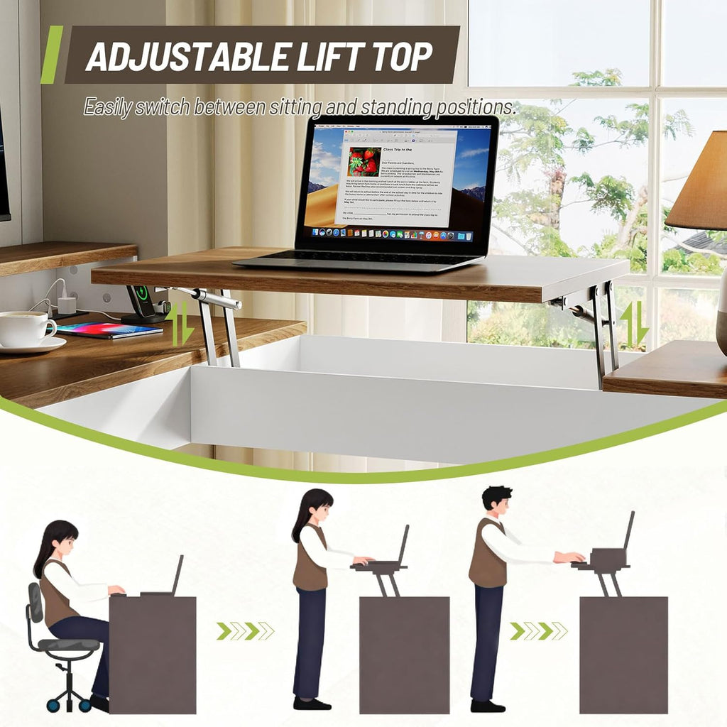 Farmhouse 63' L Shaped Standing Desk, Corner Computer Desk with Drawers, Office Desk with File Drawers with RGB Lighting & Charging Station, Monitor Stand and Storage Shelves, White and Walnut