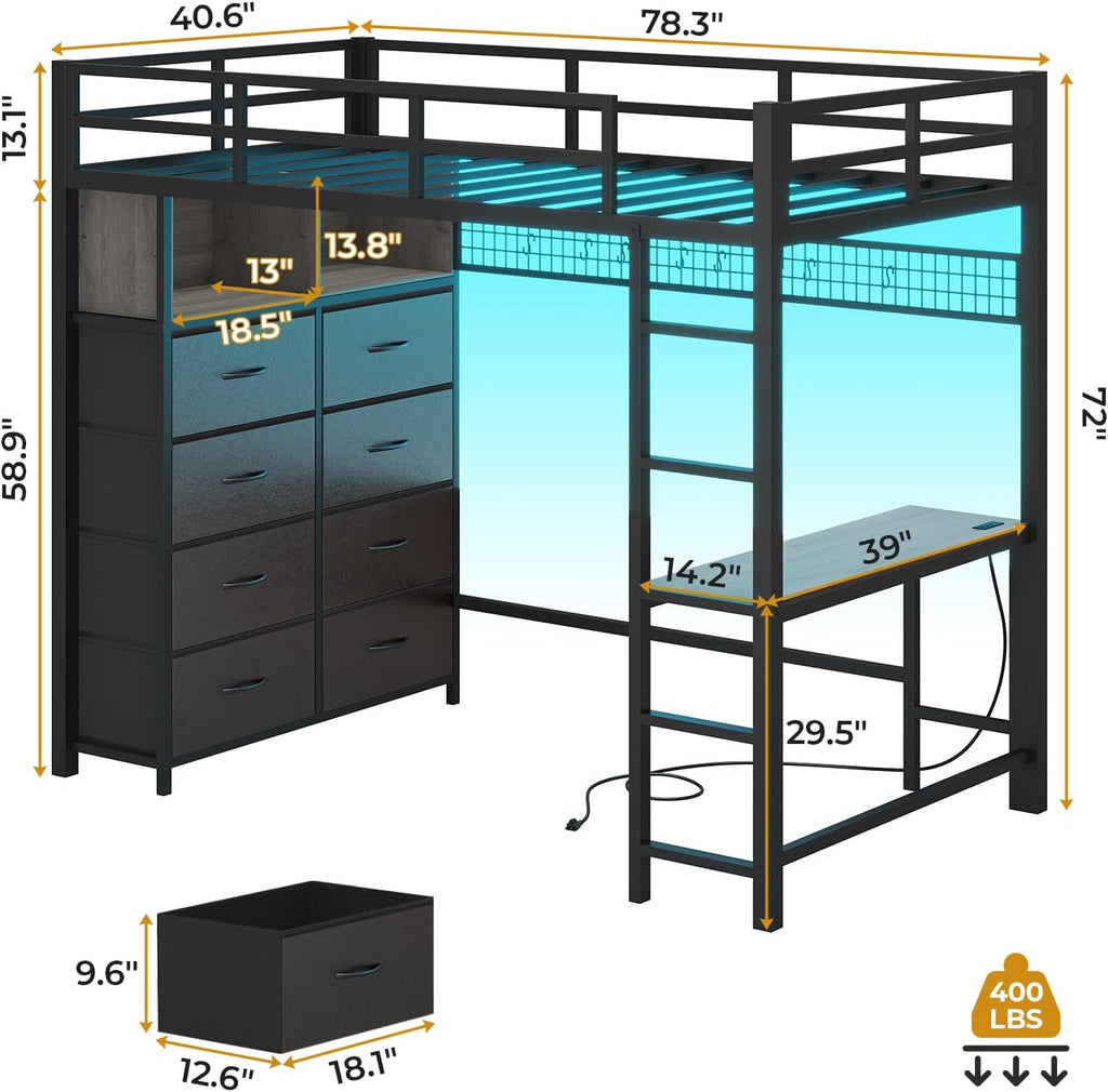 ADORNEVE Twin Size Loft Bed with Desk and 8 Storage Drawers, Metal Loft Bed Twin with LED Lights & Charging Sation, Storage Shelves, 13.1' H Safety Guard & Ladder, No Box Spring Needed, Grey