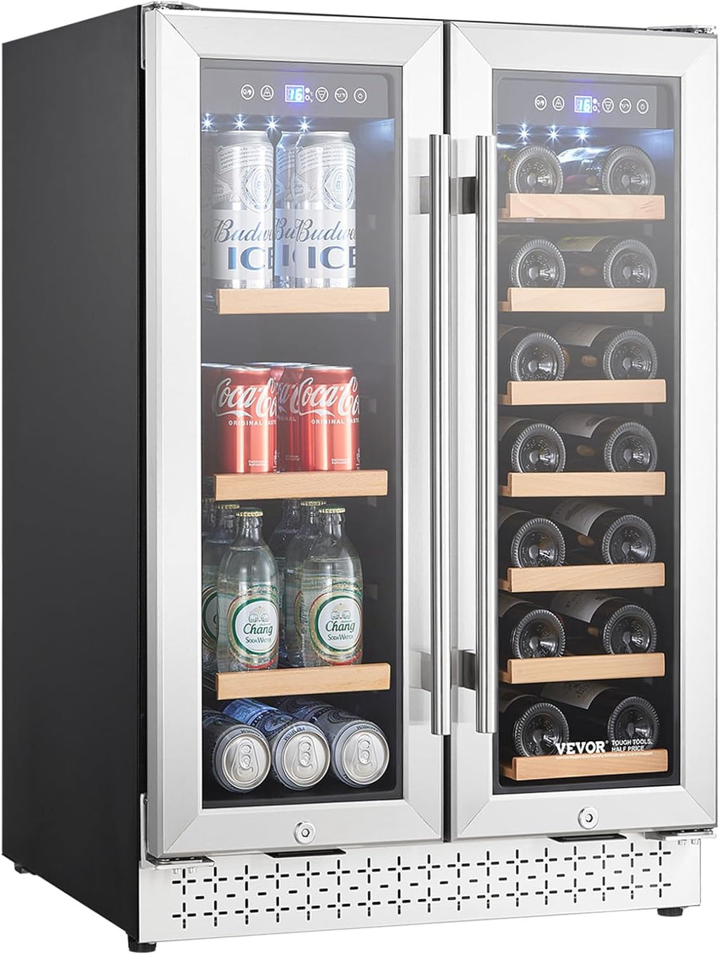VEVOR Wine and Beverage Refrigerator, 24 in Dual Zone Wine Cooler, Built-in & Freestanding Fridge with Glass Doors, Adjustable Shelves, Digital Temperature Control, 64 Cans and 20 Bottles Capacity