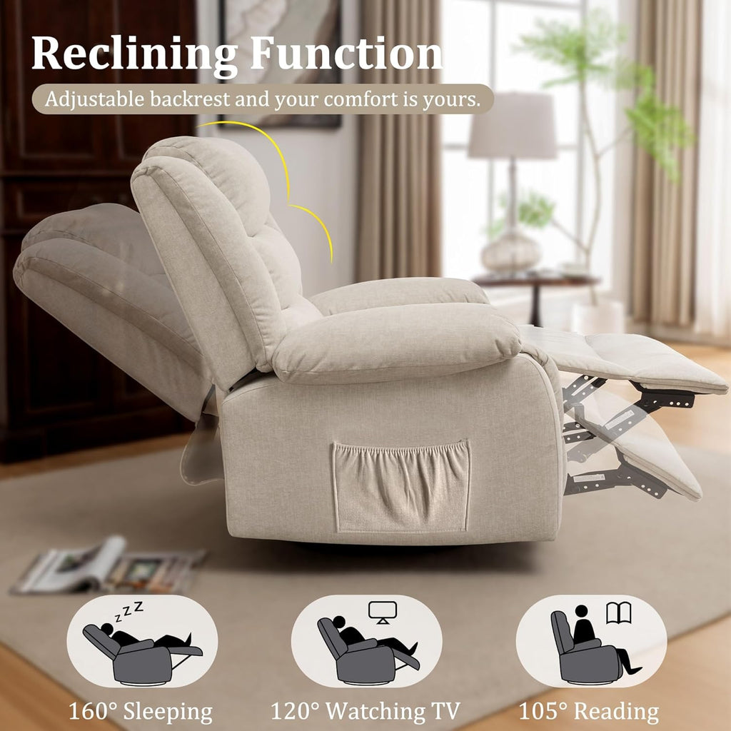 Korser Recliner Chair for Adults, Oversized 360° Swivel Rocker Recliner with Massage and Heat, Wide Nursery Glider Rocking Chair with Side Pockets, Cashmere Reclining Sofa for Living Room (Beige)