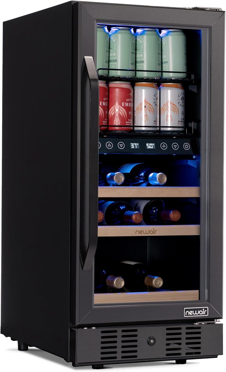 NewAir 15' Wine and Beverage Refrigerator 9 Bottle and 48 Can Capacity, Beverage Cooler in Stainless Steel, Built-in or Freestanding Dual Zone Drink Fridge with Triple-Pane Glass Door