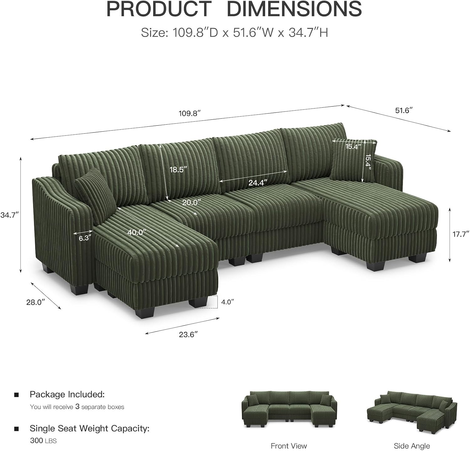 Belffin U Shaped Couch with Reversible Chaises Sectional Couches for Living Room Sectional Couch with Ottomans Corduroy (Green, U Shaped)