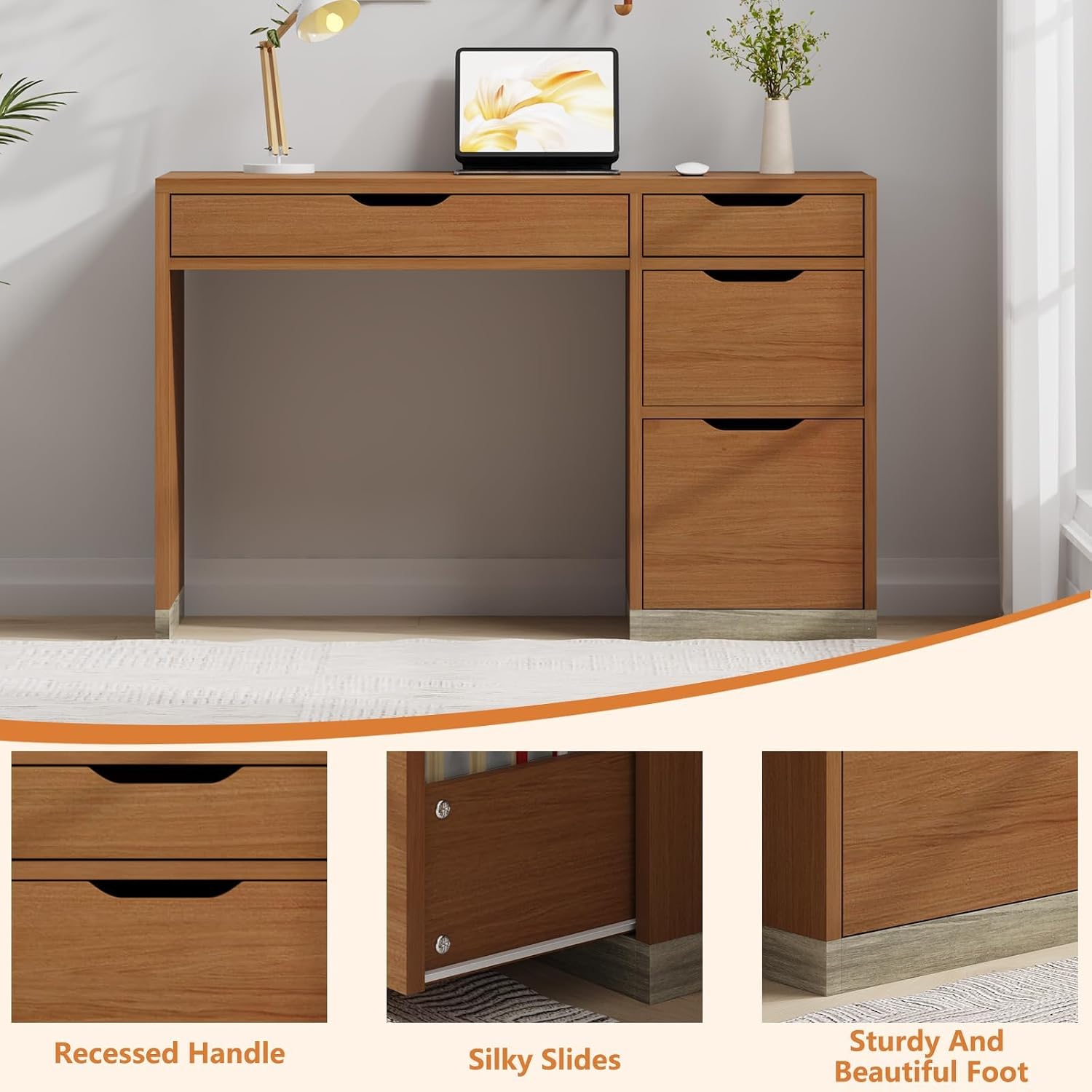 MaverickFurni 48 Inch Small Desk with 4 Drawers, Computer Desk with Storage File Drawer for Bedroom, Home Office Desk with Storage for Small Space, Brown
