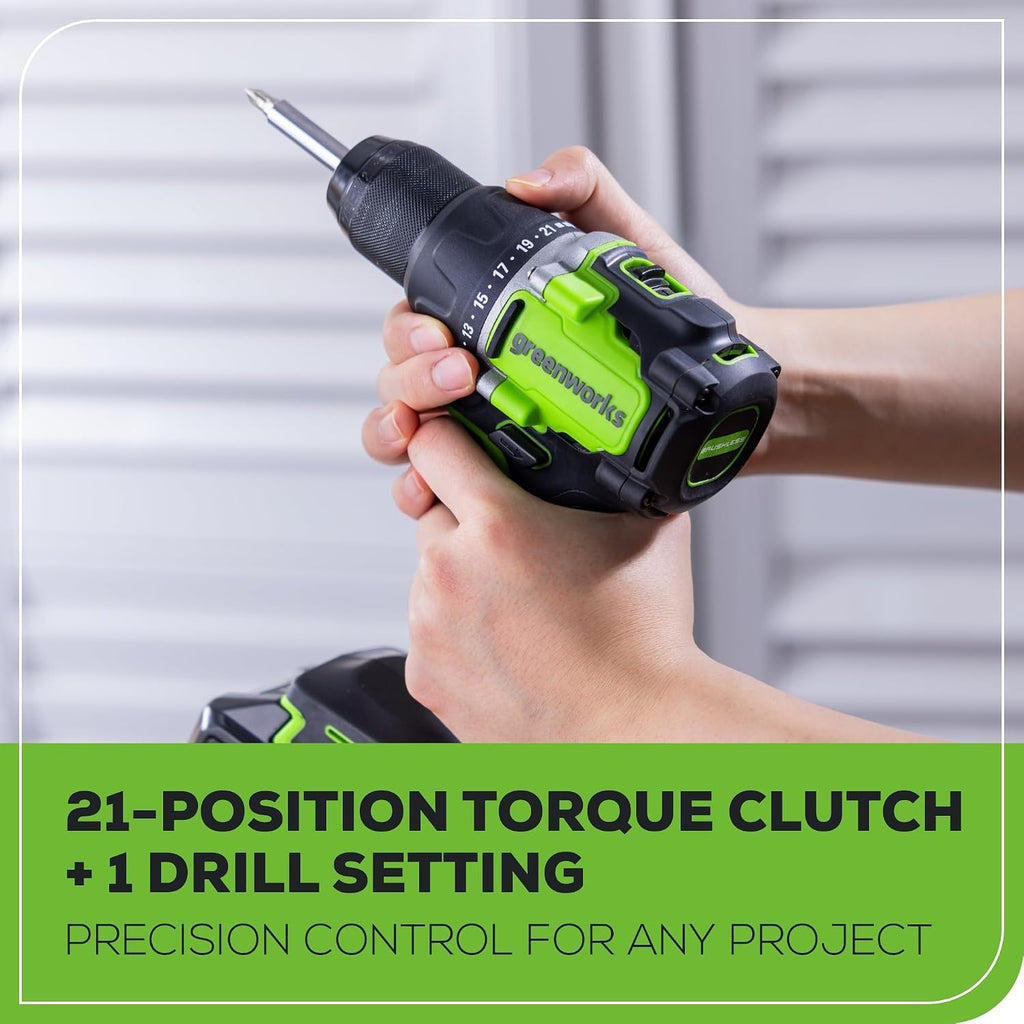 Greenworks 24V Brushless Cordless Compact 1/2 in. Drill/Driver Kit (Keyless Ratcheting Metal Chuck /530 in.-lbs. /21+1 Clutch Position/LED Light), 2×2Ah Battery and Fast Charger Included