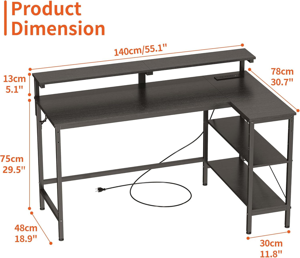 JOISCOPE L Shaped Gaming Desk with Shelves and Display Riser, Corner Computer Desk with USB and Type-C Outlet, Home Office Desk for Work, Writing and Study, 55 inches, Black