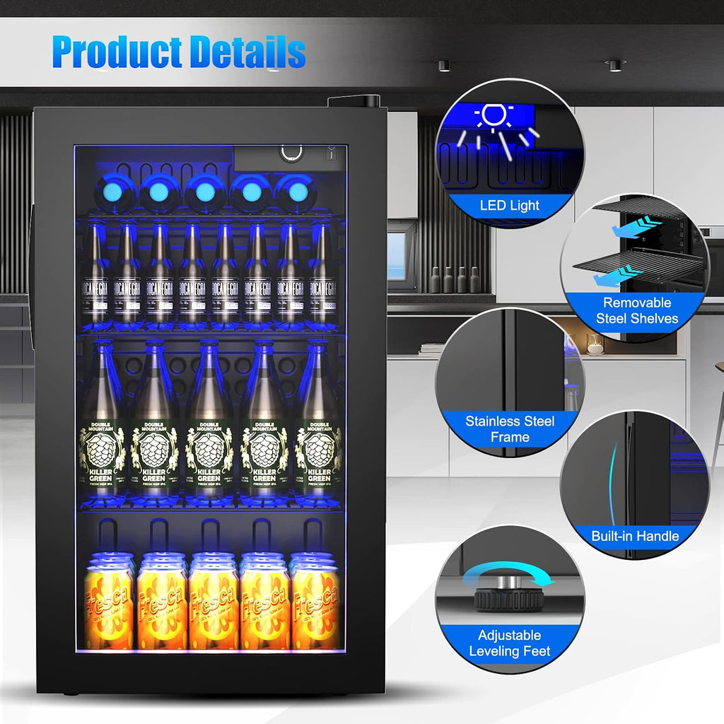 COSTWAY Beverage Refrigerator, 3.2 Cubic Foot Capacity, 120 Can Beverage Cooler with LED Light, Adjustable Thermostat, Removable Shelves, Perfect for Soda, Beer or Wine, Small Drink Dispenser Machine