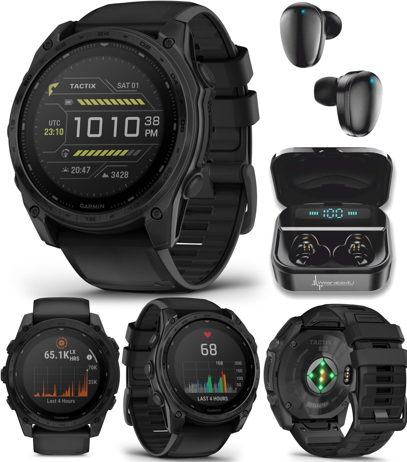 Garmin Tactix 8, 51mm Solar, Elite, Titanium Bezel, Sapphire Lens, Premium Tactical GPS Smartwatch, Includes Applied Ballistics Ultralight Elite Solver, 40 M Dive Rating w Earbuds Bundle