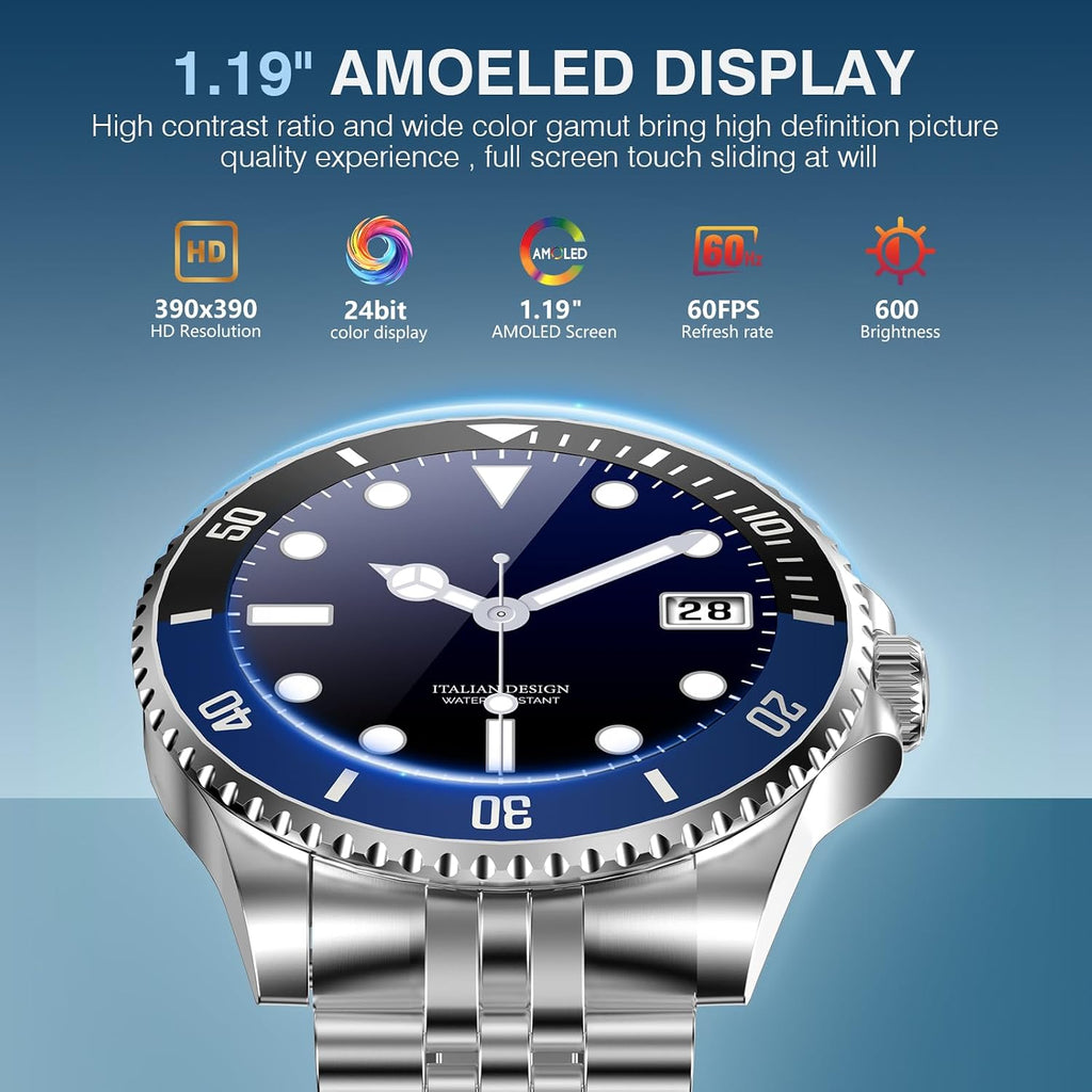 SOUYIE 2025 DA GPT Smart Watch for Men, Heart Rate, Blood Pressure, Blood Oxygen, Sleep Monitor, 107 Sports Modes, 1.19-inch AMOLED Display, Waterproof Round Watch, Compatible Android iOS Silver Blue