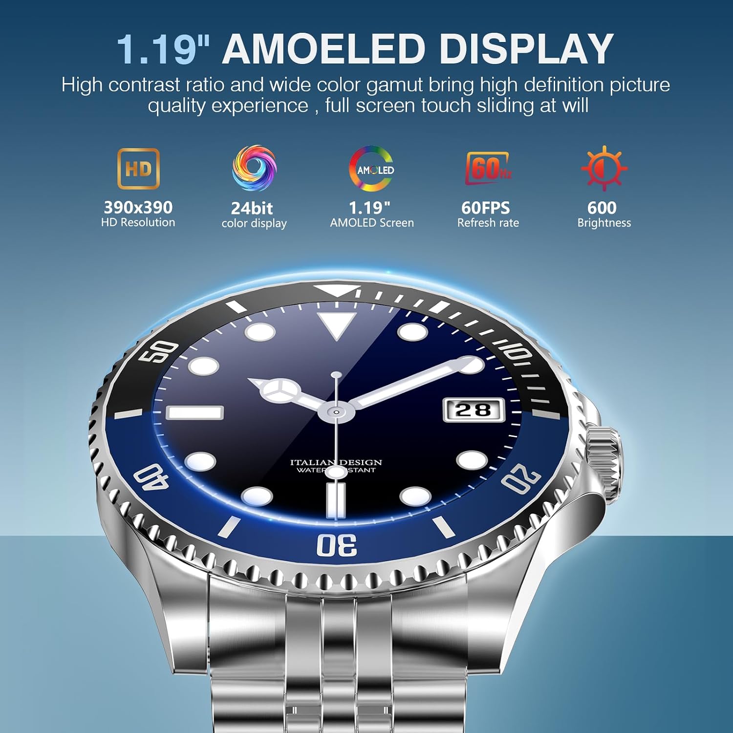 SOUYIE 2025 DA GPT Smart Watch for Men, Heart Rate, Blood Pressure, Blood Oxygen, Sleep Monitor, 107 Sports Modes, 1.19-inch AMOLED Display, Waterproof Round Watch, Compatible Android iOS Silver Blue