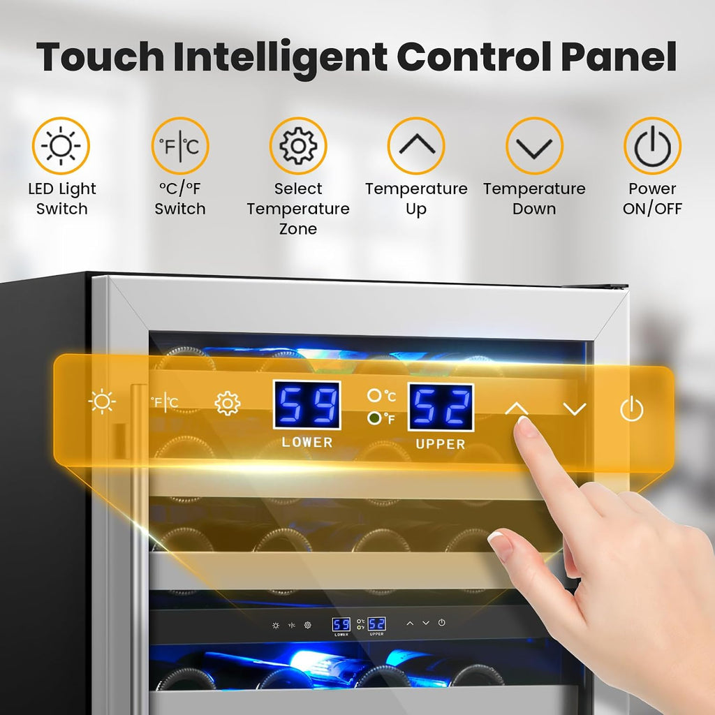 24 Inch Wine Cooler & Fridge Under Counter,54 Bottle Dual Zone Wine Cooler,New Upgrade Compressor,Blue Light Built-in/Freestanding,Reversible Stainless Steel Door Wine Fridge for Home/Kitchen