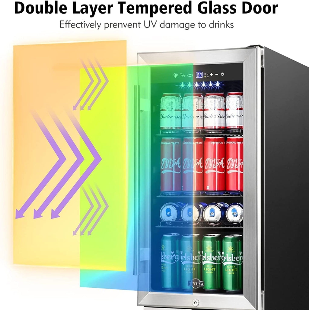Tylza 15 Inch Beverage Refrigerator, 130 Cans Quiet Beverage Fridge, 15'' Beverage Cooler Under Counter with Glass Door and Lock for Built-in or Freestanding With Temperature Memory Function TYBC100
