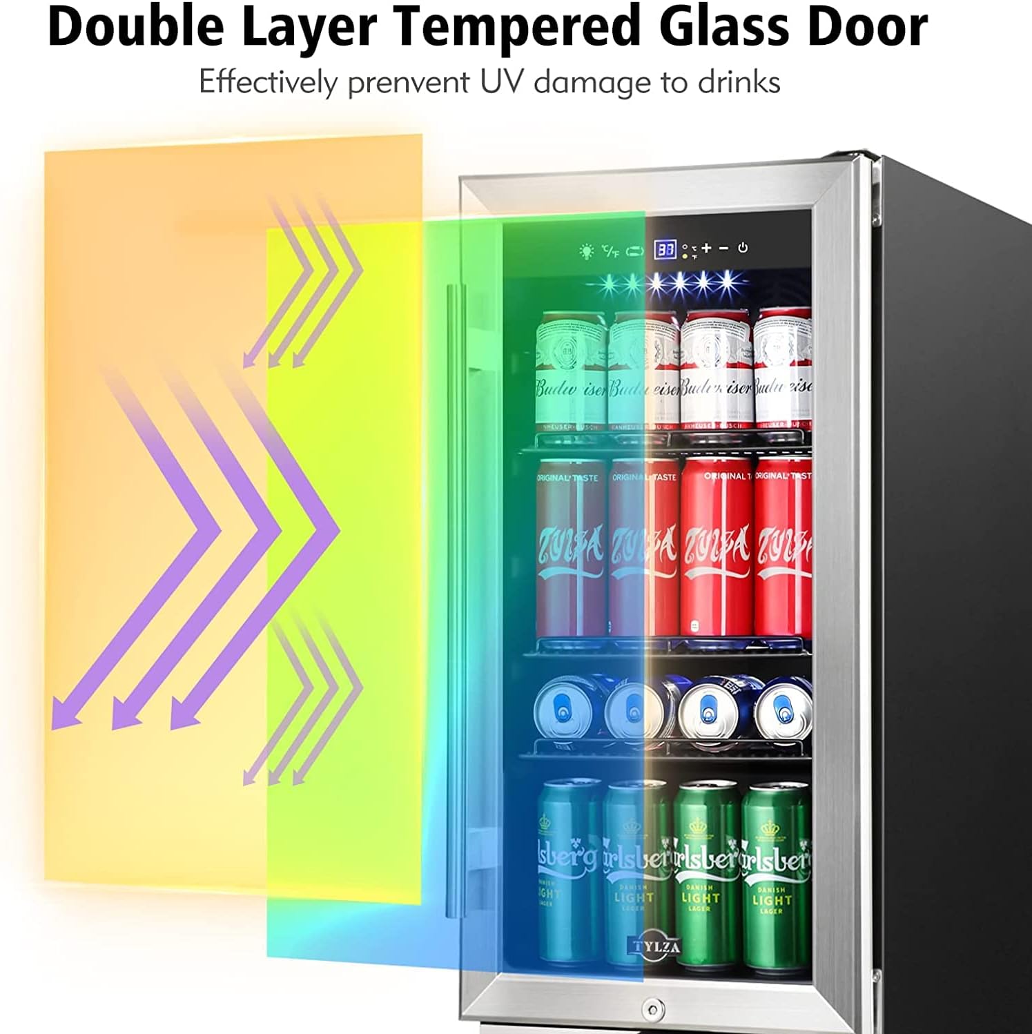 Tylza 15 Inch Beverage Refrigerator, 130 Cans Quiet Beverage Fridge, 15'' Beverage Cooler Under Counter with Glass Door and Lock for Built-in or Freestanding With Temperature Memory Function TYBC100