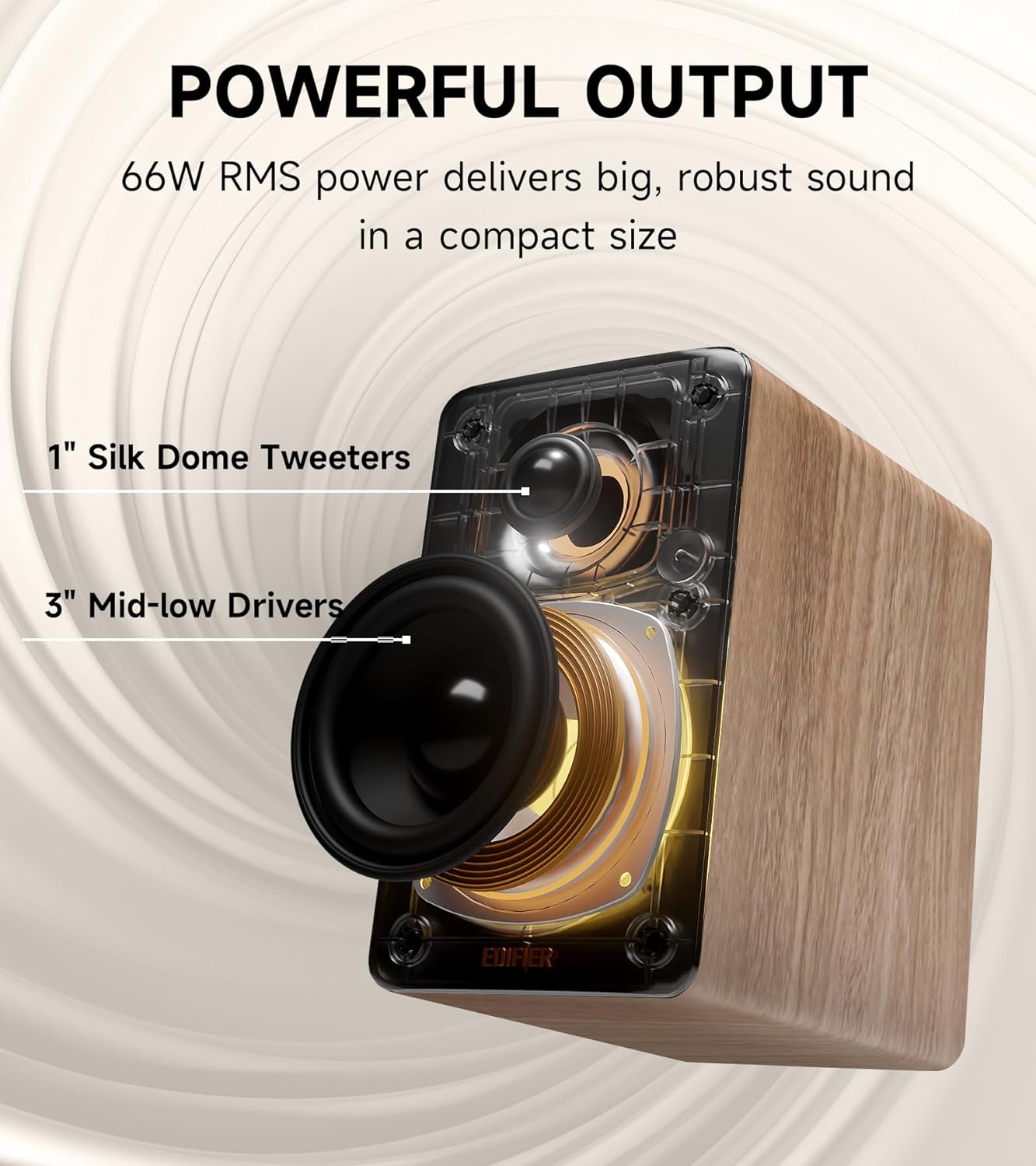 Edifier M60 Multimedia Speaker Bluetooth 5.3, 66W RMS, Hi-Res Audio & Hi-Res Wireless Audio, LDAC,3' Mid Bass & 1' Tweeter, USB-C & Aux Inputs, Compact Desktop Speaker – Classic Oak