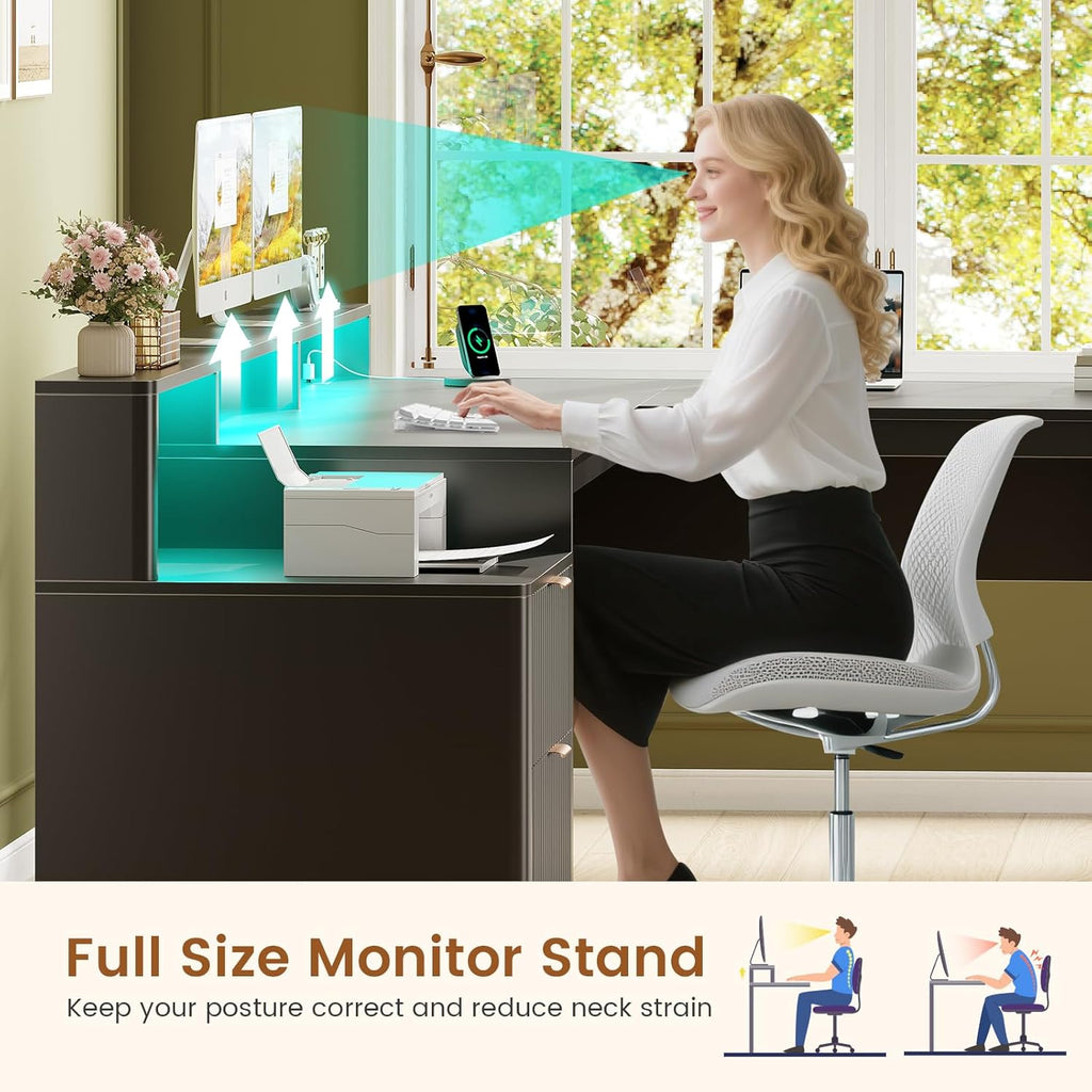 SEDETA 66' Modern L Shaped Desk with Drawers, Fluted Home Office Desk with File Cabinet & Printer Shelf, Wood Executive Desk with Monitor Stand, Power Outlets, Led Lights, Black