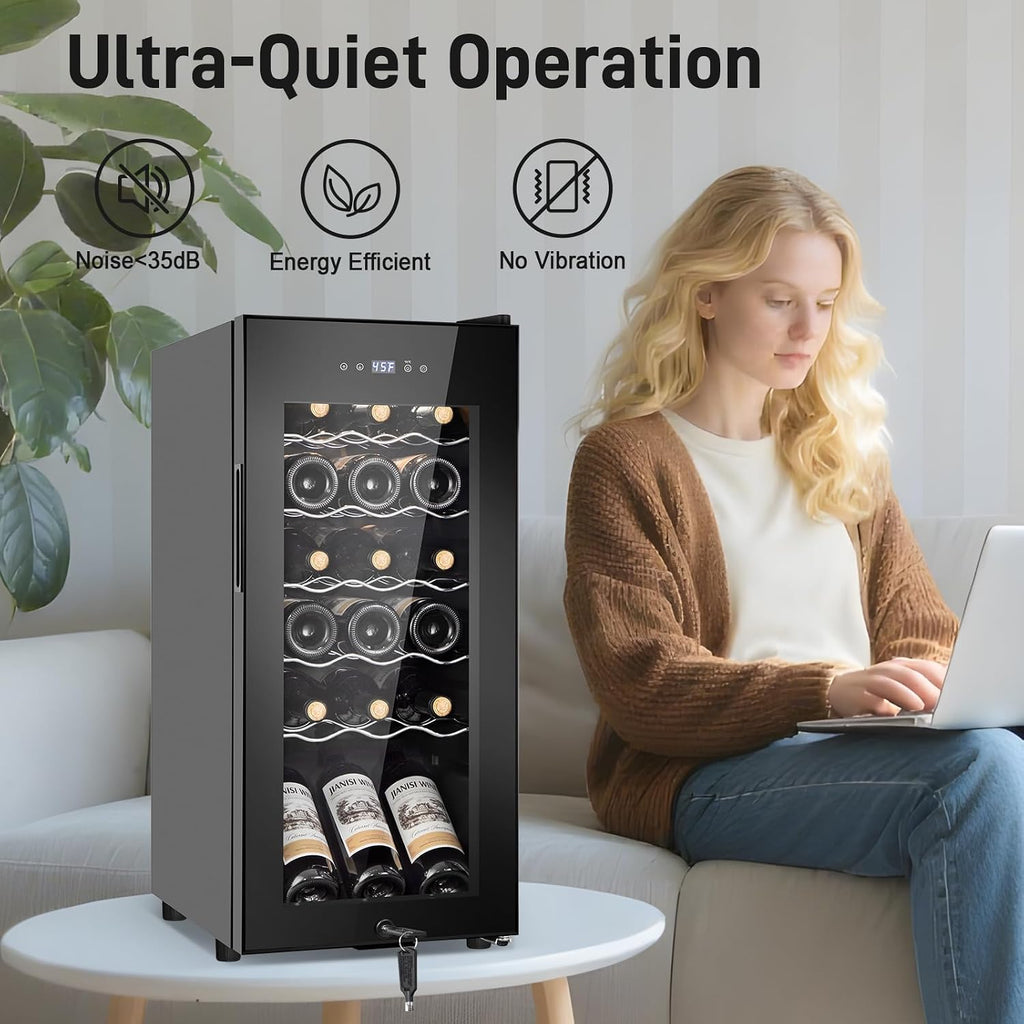 Tylza 18 Bottles Wine Fridge, Wine Cellar with Powerful Compressor, LED Touchscreen, Low-E Tempered Glass Door, Lock, Wine Cooler Refrigerator for Red, White, Champagne or Sparkling Wine, Black